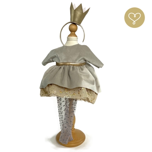 Strój Marika dla lalki 38 cm Lullu Dolls złocista opaska z koroną, beżowa welurowa sukienka z halką z tiulu w złote kropki, szare rajstopki z tiulu w kropeczki