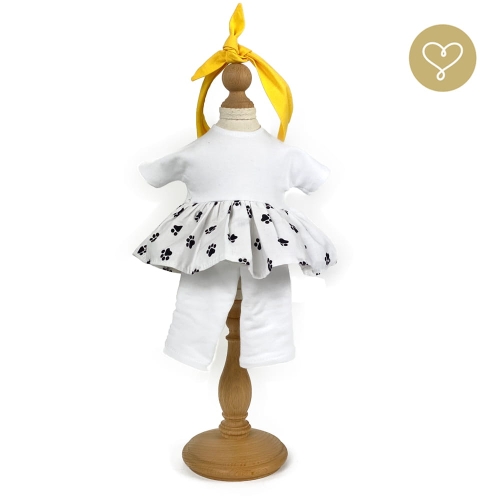 Strój Wiosenny dla lalki 38 cm Lullu Dolls żółta opaska na głowę, biała sukienka ze wzorkiem w kocie łapki, białe getry