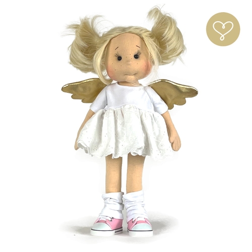 Sukienka Aniołek i skrzydła dla lalki 38 cm Lullu Dolls biała bawełniana, dół z haftu angielskiego, złote skrzydełka na ramiączkach