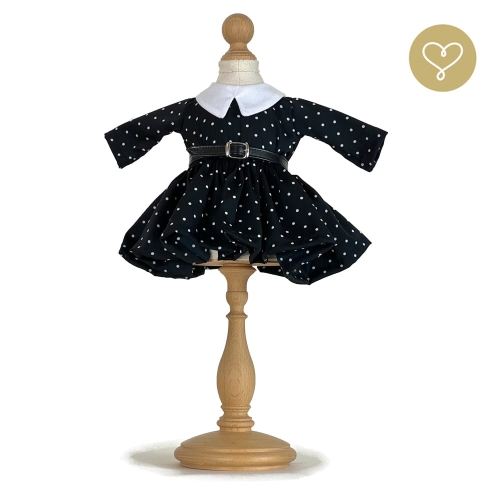 Sukienka czarna w białe kropeczki ze skórzanym paskiem dla lalki 38 cm Lullu Dolls