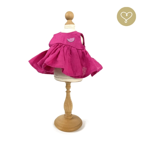 Lniana sukienka fuksjowa z aplikacją arbuza dla lalki 38 cm Lullu Dolls