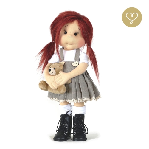 Szara lniana Sukienka 2 dla lalki 38 cm Lullu Dolls na szelkach, drewniane guziczki