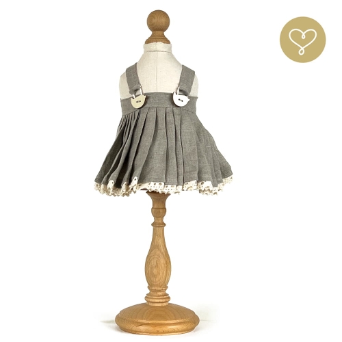 Szara lniana Sukienka 2 dla lalki 38 cm Lullu Dolls na szelkach, drewniane guziczki