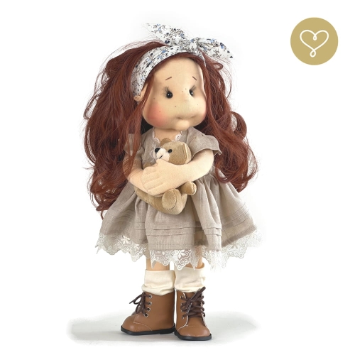 Sukienka lniana 3 dla lalki 38 cm Lullu Dolls szara ozdobiona koronką