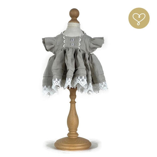 Sukienka lniana 3 dla lalki 38 cm Lullu Dolls szara ozdobiona koronką