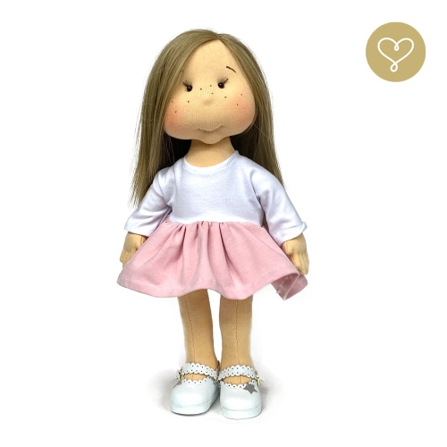 Sukienka różowa dla lalki 38 cm Lullu Dolls bawełniana, góra biała, dół rożowy