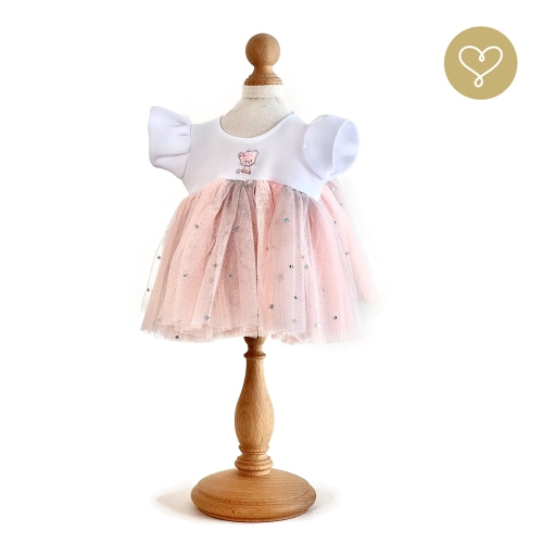 Sukienka różowa 4 dla lalki 38 cm Lullu Dolls góra biała z aplikacja kotka, dół z różowego tiulu