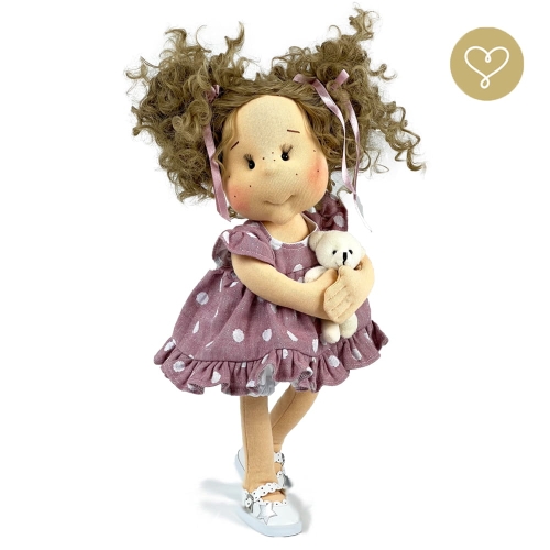Sukienka różowa lniana 2 dla lalki 38 cm Lullu Dolls w białe groszki