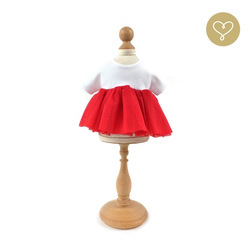 Sukienka tiulowa dla lalki 38 cm Lullu Dolls góra z białej bawełny, dół z czerwonego tiulu