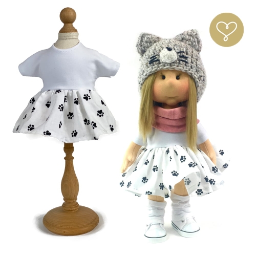 Sukienka w kocie łapki dla lalki 38 cm Lullu Dolls góra biała, dół w kocie łapki