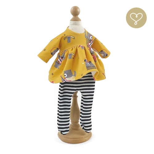 Żółta sukienka w misie i rajstopy w czarno-białe paski dla lalki 38 cm Lullu Dolls