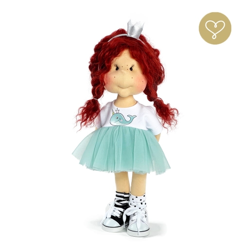 Sukienka Wieloryb Jednorożec dla lalki 38 cm Lullu Dolls góra biała, dół z miętowego tiulu, aplikacja wieloryba