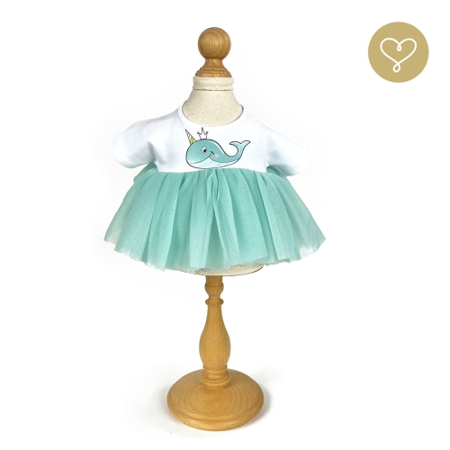 Sukienka Wieloryb Jednorożec dla lalki 38 cm Lullu Dolls góra biała, dół z miętowego tiulu, aplikacja wieloryba