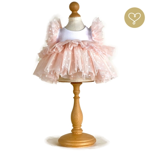 Różowa tiulowa sukienka z falbankami 2 dla lalki 38 cm Lullu Dolls tiul w kropeczki