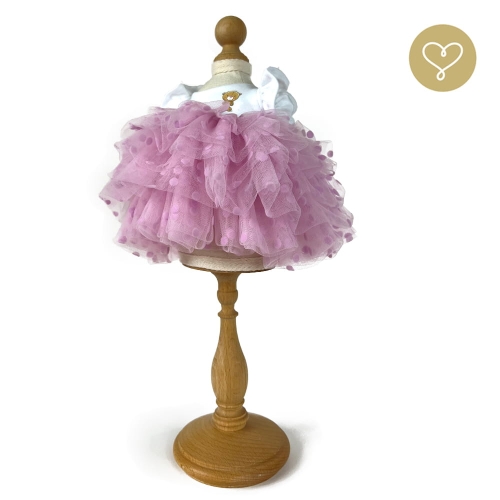 Różowa tiulowa sukienka z falbankami dla lalki 38 cm Lullu Dolls tiul w kropeczki