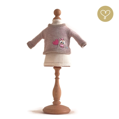 Sweter Sowa dla lalki 38 cm Lullu Dolls, lekki wrzos z beżowymi ściągaczami, aplikacja sowa