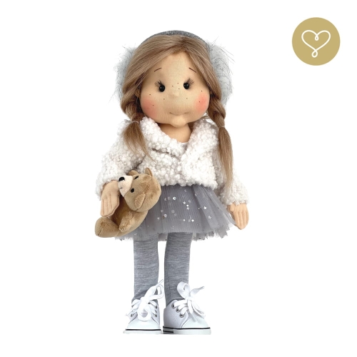 Lalka 38 cm Lullu Dolls Mika w ubranku, maskotka Misio, 3 warianty wyboru, na zdjęciu wariant 2 ruchomy szkielet