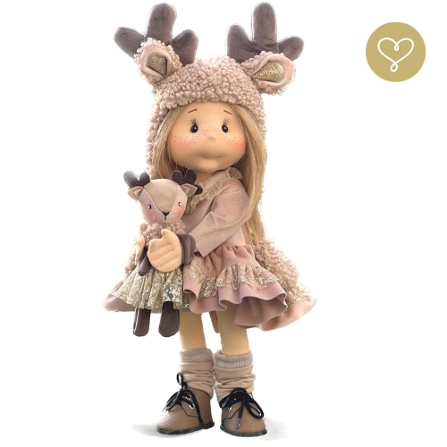 Lalka 38 cm Lullu Dolls Renia w ubranku,  maskotka Reniferek Rudolfina, 3 warianty wyboru, na zdjęciu wariant 2 ruchomy szkielet