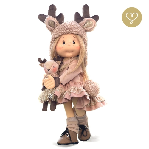 Lalka 38 cm Lullu Dolls Renia w ubranku,  maskotka Reniferek Rudolfina, 3 warianty wyboru, na zdjęciu wariant 2 ruchomy szkielet