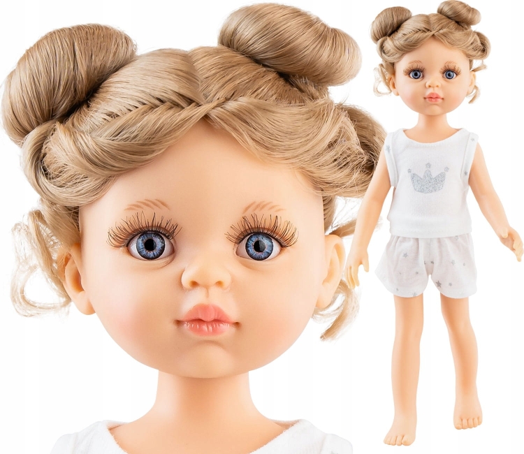 Lalka Hiszpańska 32 cm Paola Reina Amigas 13226 Valeria, klasyczna, cała z winylu, w piżamce, ciemnoblond włosy spięte w dwa koczki, niebieskie oczy