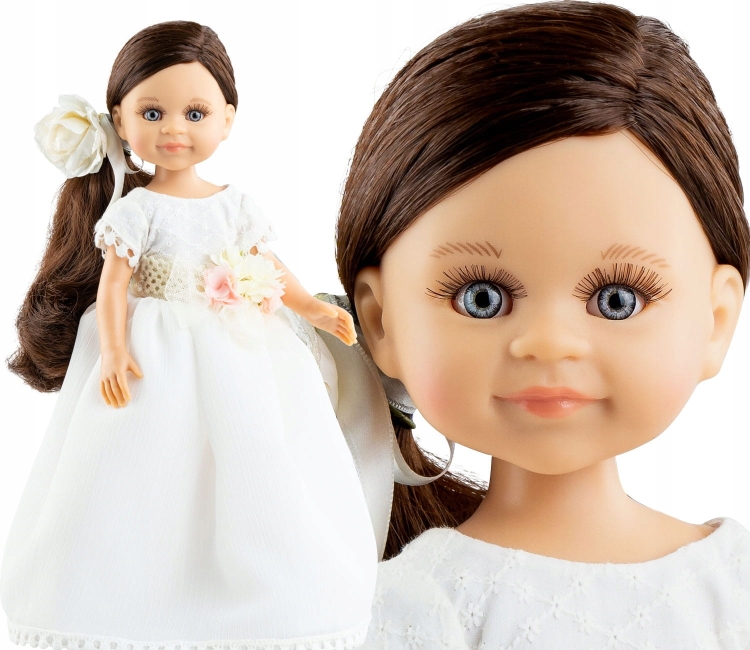 Lalka Hiszpańska 32 cm Paola Reina Amigas 04829 Noa, klasyczna, cała z winylu, niebieskie oczy, brązowe włosy, długa balowa sukienka, majteczki, buciki