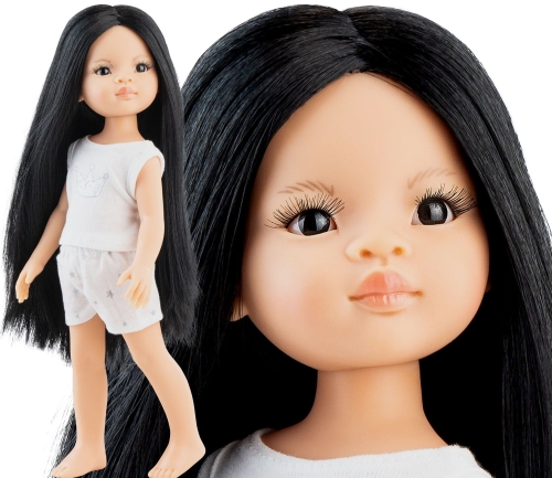 Lalka Hiszpańska 32 cm Paola Reina Amigas 13227 Paola, klasyczna, cała z winylu, w piżamce, długie do kolan czarne proste włosy, ciemne oczy