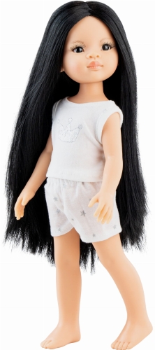 Lalka Hiszpańska 32 cm Paola Reina Amigas 13227 Paola, klasyczna, cała z winylu, w piżamce, długie do kolan czarne proste włosy, ciemne oczy