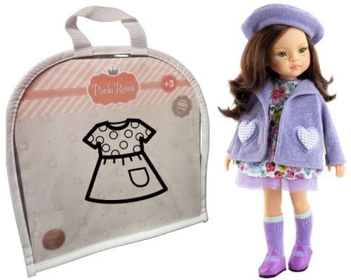 Oryginalne ubranko Paola Reina dla lalki 32 cm Amigas 54670, fioletowy komplet: berecik, płaszczyk, sukienka, podkolanówki, majteczki