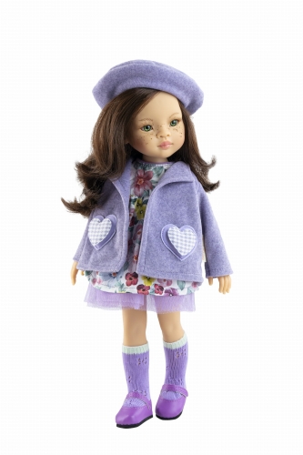 Oryginalne ubranko Paola Reina dla lalki 32 cm Amigas 54670, fioletowy komplet: berecik, płaszczyk, sukienka, podkolanówki, majteczki