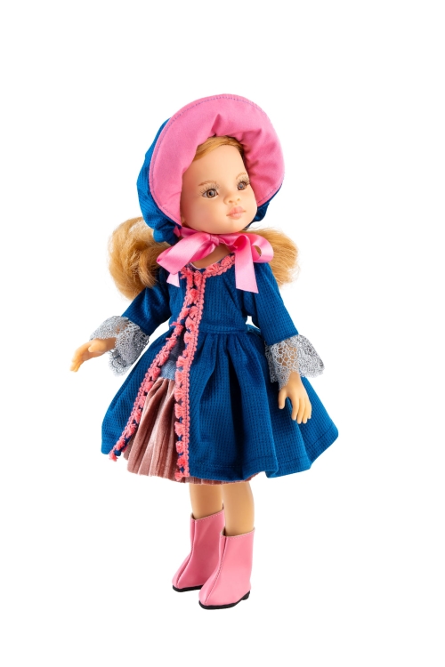 Oryginalne ubranko Paola Reina dla lalki 32 cm Amigas 54548, wiązany kapelusz, sukienka, płaszczyk, majteczki