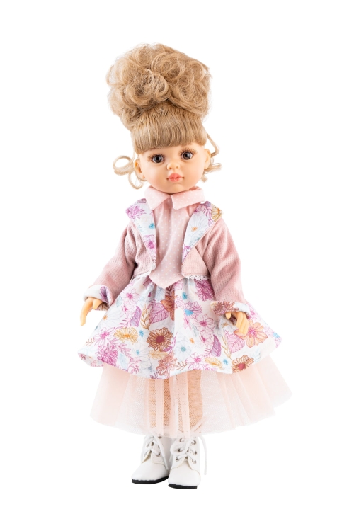 Oryginalne ubranko Paola Reina dla lalki 32 cm Amigas 54547, kolorowa sukienka, żakiecik, majteczki