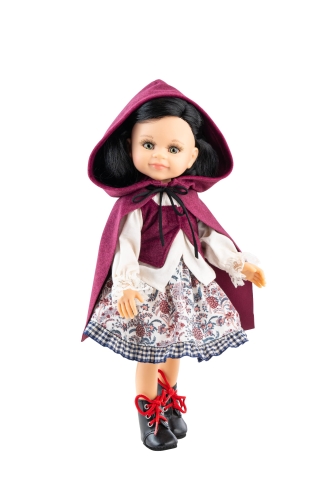 Oryginalne ubranko Paola Reina dla lalki 32 cm Amigas 54546, biała bluzka długi rękaw, spódniczka we wzorki, bordowa kamizelka, bordowa pelerynka z kapturem, majteczki