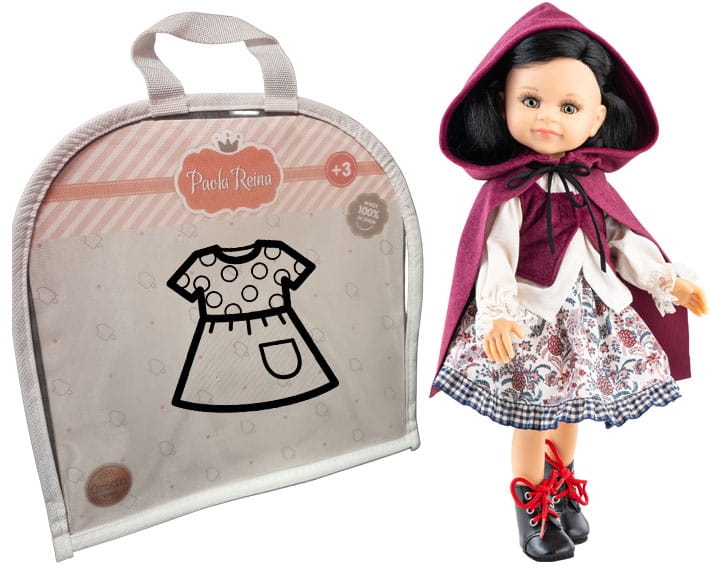 Oryginalne ubranko Paola Reina dla lalki 32 cm Amigas 54546, biała bluzka długi rękaw, spódniczka we wzorki, bordowa kamizelka, bordowa pelerynka z kapturem, majteczki