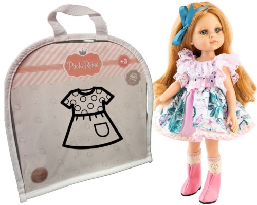 Oryginalne ubranko Paola Reina dla lalki 32 cm Amigas 54679, sukienka z falbankami, podkolanówki, wstążka do włosów, majteczki