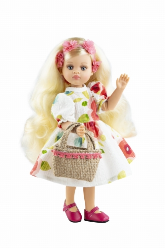 Oryginalne ubranko Paola Reina dla lalki 32 cm Amigas 54862, biała sukienka we wzorki, tiulowa opaska na głowę, majteczki, torebka