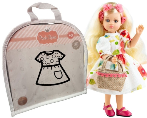 Oryginalne ubranko Paola Reina dla lalki 32 cm Amigas 54862, biała sukienka we wzorki, tiulowa opaska na głowę, majteczki, torebka