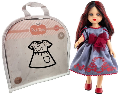 Oryginalne ubranko Paola Reina dla lalki 32 cm Amigas 54532, szara z bordowymi ozdobami sukienka, tiulowa kokarda w pasie, majteczki