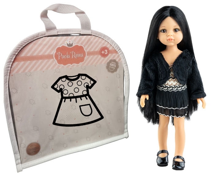 Oryginalne ubranko Paola Reina dla lalki 32 cm Amigas 54665, czarno-biała sukienka, czarne bolerko, majteczki