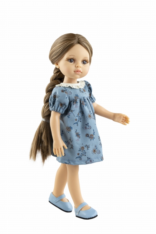 Oryginalne ubranko Paola Reina dla lalki 32 cm Amigas 54667, niebieska sukienka w kwiatuszki z koronkowym kołnierzykiem, majteczki