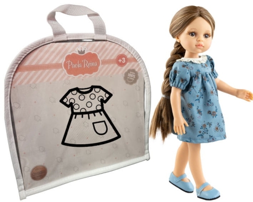 Oryginalne ubranko Paola Reina dla lalki 32 cm Amigas 54667, niebieska sukienka w kwiatuszki z koronkowym kołnierzykiem, majteczki