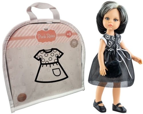 Oryginalne ubranko Paola Reina dla lalki 32 cm Amigas 54533, czarna w białe wzorki sukienka, majteczki, torebka
