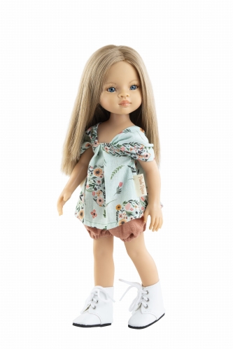 Oryginalne ubranko Paola Reina dla lalki 32 cm Amigas 54668, błękitna tunika w kwiatuszki, bloomersy