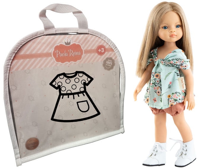 Oryginalne ubranko Paola Reina dla lalki 32 cm Amigas 54668, błękitna tunika w kwiatuszki, bloomersy