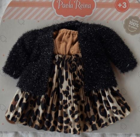 Oryginalne ubranko Paola Reina dla lalki 32 cm Amigas 54856, beżowa bluzeczka, czarny sweterek, plisowana spódniczka, majteczki, czarne skarpetki