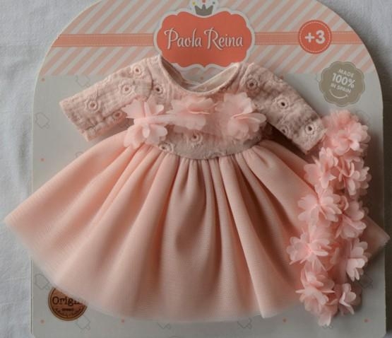 Oryginalne ubranko Paola Reina dla lalki 32 cm Amigas 54861, sukienka, pasek tiulowy, tiulowa opaska na głowę, rajstopki, tasiemki baletki