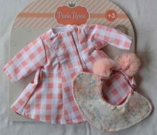Oryginalne ubranko Paola Reina dla lalki 32 cm Amigas 54490 sukienka w kwiaty, płaszczyk w kratkę, dwustronna narzutka z pomponikami, majteczki