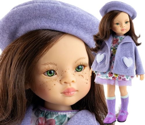 Oryginalne ubranko Paola Reina dla lalki 32 cm Amigas 54670, fioletowy komplet: berecik, płaszczyk, sukienka, podkolanówki, majteczki