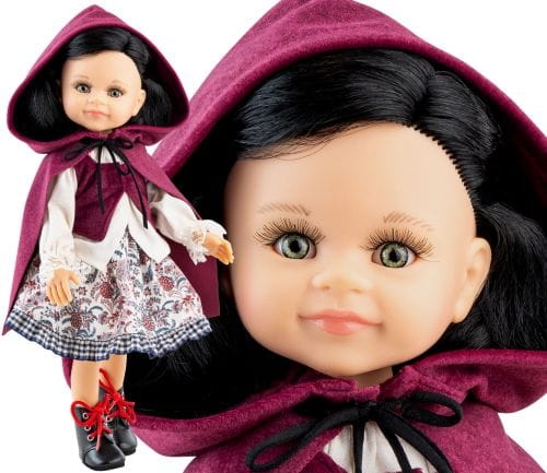 Oryginalne ubranko Paola Reina dla lalki 32 cm Amigas 54546, biała bluzka długi rękaw, spódniczka we wzorki, bordowa kamizelka, bordowa pelerynka z kapturem, majteczki