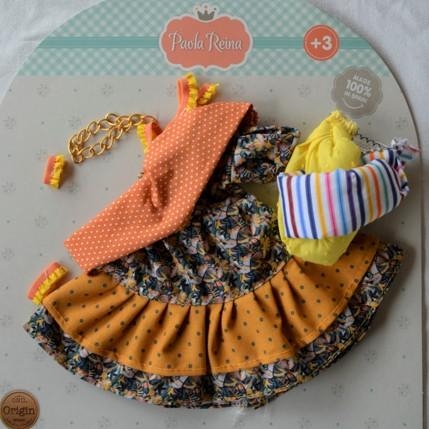 Oryginalne ubranko Paola Reina dla lalki 32 cm Amigas 54545, kolorowa sukienka, majteczki, turban na głowę, ozdobne opaski na nogę, na rękę, na szyję, naszyjnik, szal