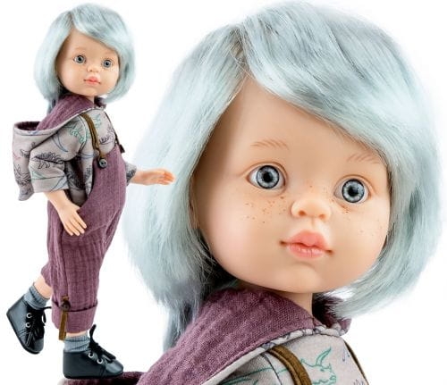 Oryginalne ubranko Paola Reina dla lalki 32 cm Amigas 54855, bluza z kapturem wzór dinozaury, spodnie ogrodniczki z muślinu, skarpetki